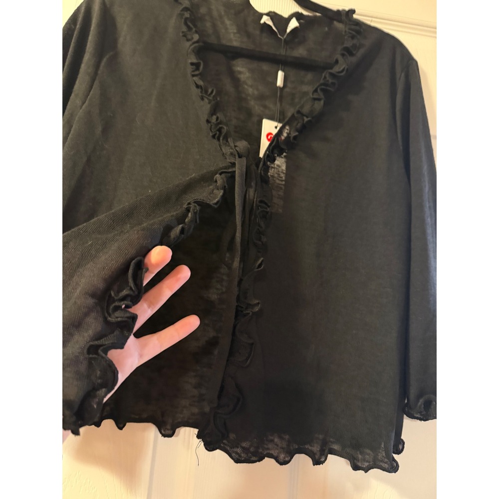 Kate Kasin Black Ruffle Sheer Knit Shrug Cardigan Tie Front Bolero XL - Picture 3 of 7